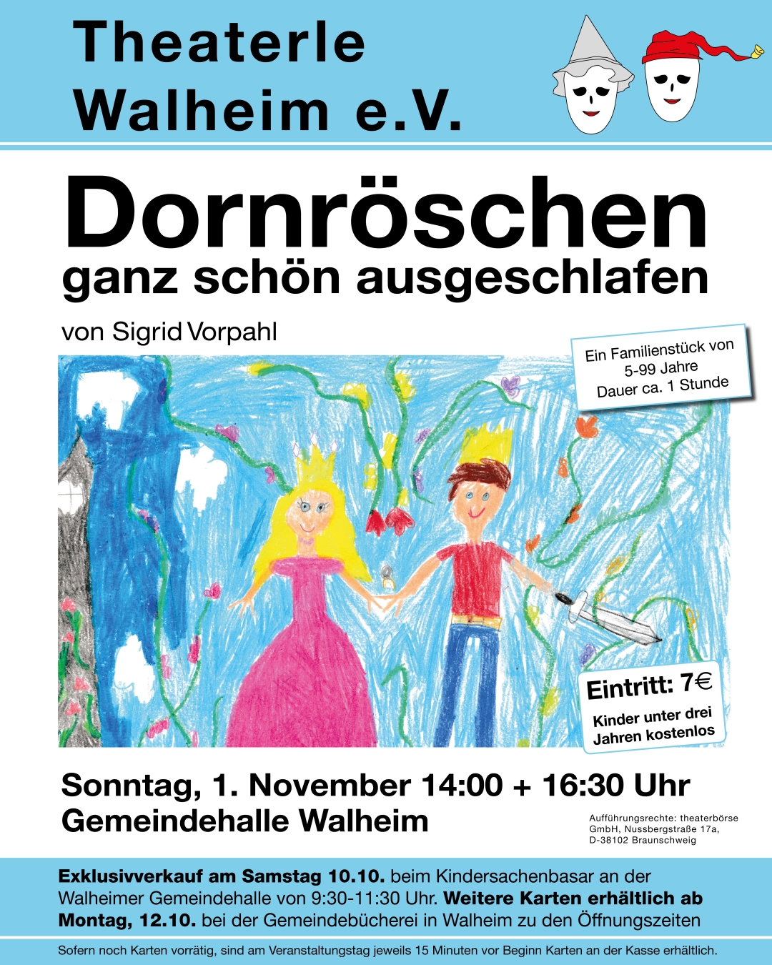 Plakat: Dornröschen – ganz schön ausgeschlafen. Am 1. November 2026 um 14:00 und 16:30 Uhr in der Gemeindehalle Walheim. Eintritt 7 Euro, Kinder unter drei Jahren kostenlos.